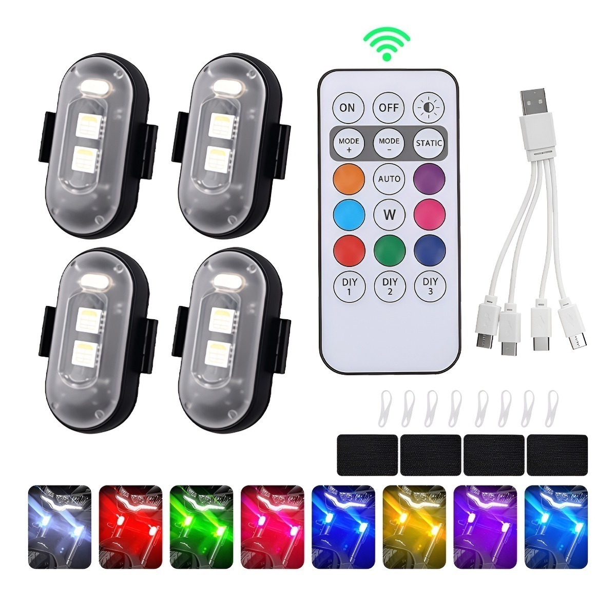 4個入りLEDストロボライト、リモコン付き、8色、ワイヤレス - Drone Led Light のレビューと価格